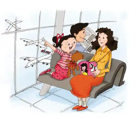 课文《在机场》的配图，描绘了机场办理登机手续的场景。